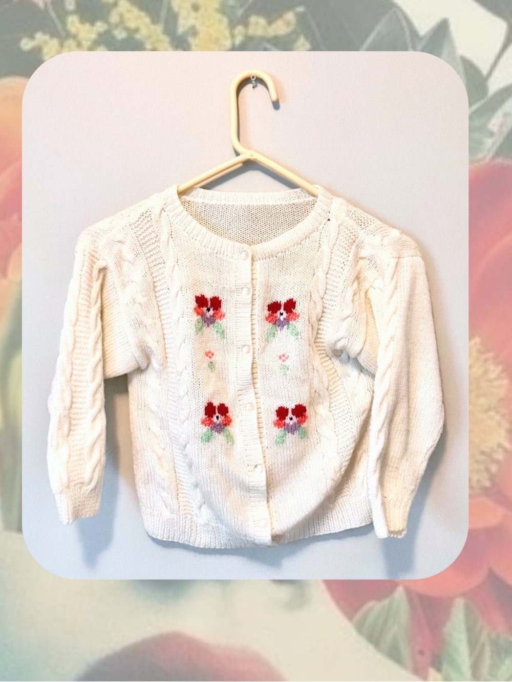 Hand Knit Cream Floral Cable-Knit Button-Up Cardigan Sweater